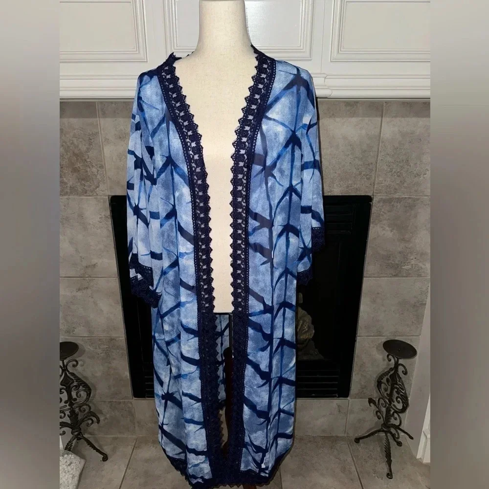 NWT LulaRoe Blue White Ocean Water Long Duster Crochet Lace Trim Womens M